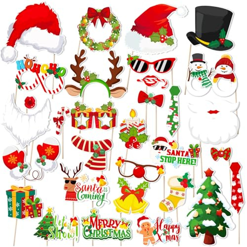 LMSHOWOWO 31PCS Weihnachten Foto Requisiten, Fotobox Accessoires Weihnachten, Weihnachtsfeier Fotorequisiten, Xmas Party Photo Supplies, für Weihnachtsfeier Heimdekoration