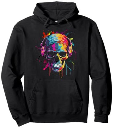 Totenkopf Bunt DJ mit Kopfhörer Bandana Musiker Musik Pullover Hoodie