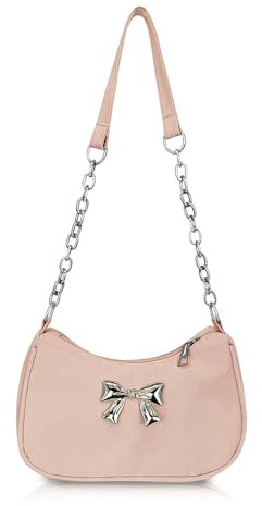 AfitLulu Umhängetasche Damen PU-Leder Halbmond Tasche mit Leder Kette Schulterriemen und Schleife Muster, Crossbody Bag Elegant Schultertasche für Tägliche Aktivitäten (Rosa)