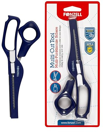 FONZELL Multifunktionsschere 19,5 cm – Schere & Cutter (2-in-1 Multi-Cut Tool) – Edelstahlklingen, Soft-Grip, rechts/links – ideal für Karton, Papier, Verpackungen, DIY & Büro.