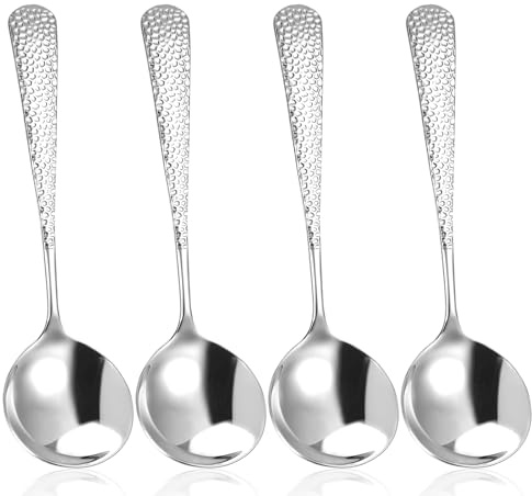 Hammered Spoons Set, 4 Pcs Soup Spoons Stainless Steel Teaspoons Fine Dessert Spoon with Round Edge Table Dinner Spoon, Mirror Polished, Elegant Design, Dishwasher Safe (6.4 Inches)