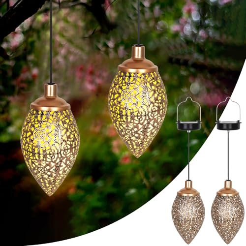 CCILAND Lot de 2 lanternes solaires d'extérieur en métal blanc chaud - LED blanc chaud - Résistantes aux intempéries - Vintage - Pour jardin, arbre, patio, camping, pelouse