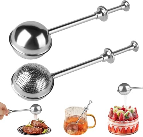 2 Stück Edelstahl Puderzuckerstreuer, Mehlsieb Einhand, Puderzuckersieb mit Teleskopgriff, Doppelfunktion Teaballs, Zuckerstreuer für Präzises Bestäuben Gewürze, Kakaopulver, Kaffee, Mehl