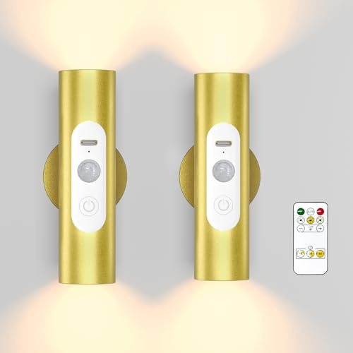 WOBSION Motion Sensor Wall Lights Indoor with Remote Control | Rechargeable Battery Operated Wall Sconces, Wireless Wall Lamp for Hallway, Stair, Bedroom, Living Room, Gold Metal, 2 Pack