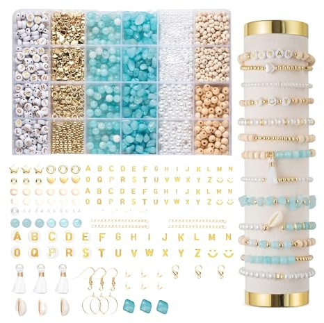 Perlen für Armbänder, Natürliche Amazonit Perlen zum Auffädeln mit Buchstabenperlen Zubehör, Edelstein Pearl Set mit Holzperlen, Boho Armbänd Schmuck Selber Machen Set für DIY Halsketten Handwerk (B)