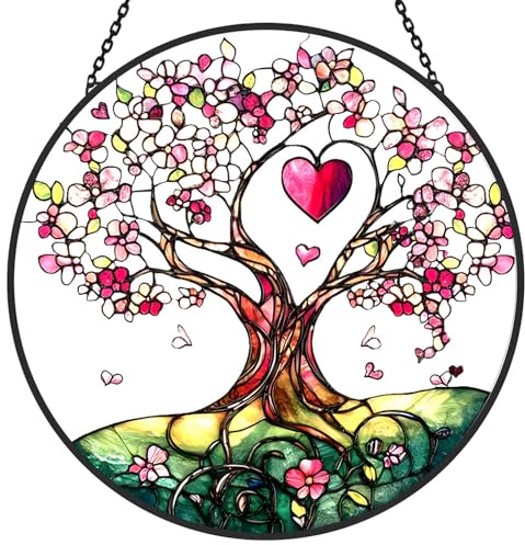 Stained Glass Suncatcher Window Hanging – Pink Tree of Life with Heart, Sun Catcher Window Decor, Meaningful Gift for Mom, Grandma, Nana, Birthday & Mother’s Day