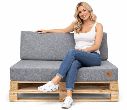 Odolplusz Palettenkissen 2er Set | Palettenauflagen mit abnehmbarem Bezug | Sitzkissen für Europaletten 120x80 + Rückenlehne 120x40 (Grau)