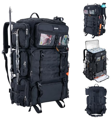 Goture 72L Angelrucksack mit Kühltasche & Rutenhaltern, wasserabweisend | Wasserabweisendes Material, ideal für Angeln, Camping & Wandern. Inkl. Regenschutz & 2 Rutenhaltern