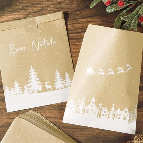 BETESSIN 50 Stück Papiertüten Weihnachten - 13x18cm Weihnachtstüten mit Italienischen Motiven - Kraftpapier Geschenktüten Weihnachten - Adventskalender Tüten zum Befüllen mit Geschenkaufkleber