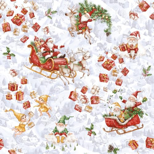 TexTrend Tissu au Mètre - Coton - 1 Mètre 160 x 100 cm - Tissu pour Couture - Enfants - Motif de Noël Pères Noël et Sled