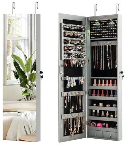 COSTWAY Schmuckschrank mit LED Spiegel, Schmuckregal abschließbar mit Schlüsseln, Wandspiegel Spiegelschrank hängend, Schmuckaufbewahrung 120 x 35,5 x 10 cm (Grau)