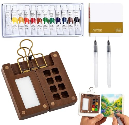 Mini Aquarell Set Pocket, einen abreißbaren Skizzenblock (58 Blatt, 80x80 mm) Travel Set mit Binder-Clips, Eine Box mit 12 farbigen Farbstiften, Tragbare Palettefür Künstler, Hobbymaler, Anfänger