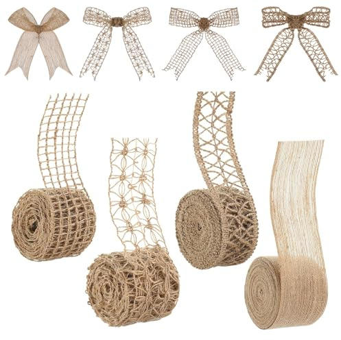 Weihnachten Juteband, 4 Rollen Natürliche Juteband mit Spitze, Vintage Jute Bänder, Dekoband für DIY Handwerk Hochzeit Deko Weihnachten Party Basteln Geschenkband mit Hanfseil