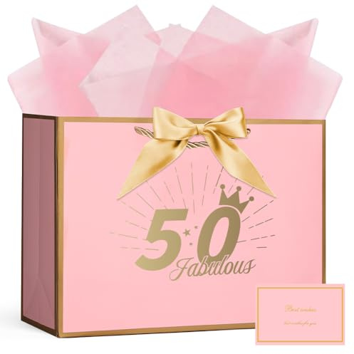 AOOSU Geschenktüte 50 Geburtstag, Papier Geschenktüten mit Schleife + 1 Grußkarten +3 Seidenpapier, Rosa Geschenktaschen Frauen 50th Birthday Gift Bag, Papiertüten mit Henkel für Damen, Mädchen