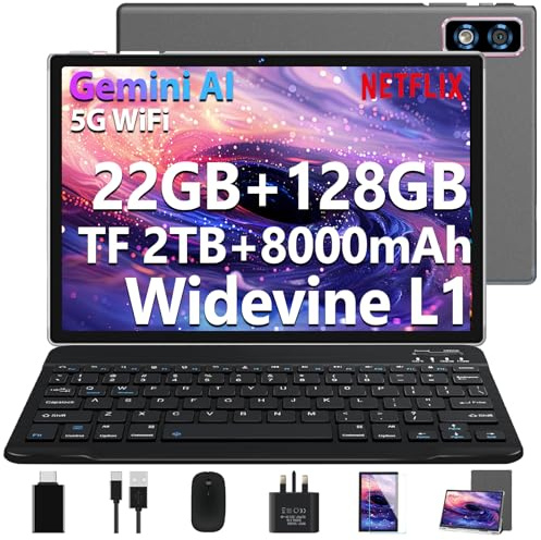 2026 Tablet 10 Inch Android with Gemini AI, 22GB RAM+128GB ROM(TF 2TB), GMS, 8000mAh, Octa Core 2.0GHz, 5G WiFi, Widevine L1, FHD, 8MP+5MP, GPS | BT5.0 | Face lD, Tablet with Keyboard & Mouse, Grey