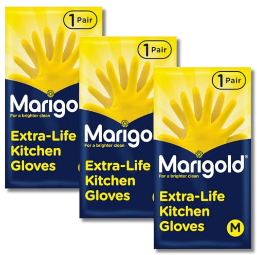 3 Pairs of Extra-Life Kitchen Cleaning Gloves | Roll-Top Cuffs Natural Rubber Latex Textured Grip Gloves with Cotton Lining for Dishwashing, Deep Cleaning & Household Cleaning | (Medium) - Yellow