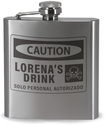 DEREGALOOS Petaca Personalizada con Grabado Laser. 9 Diseños a Elegir. Frases Divertidas, Romántico, Iniciales o Nombres. Regalo Elegante con Vasos y Embudo (Caution)