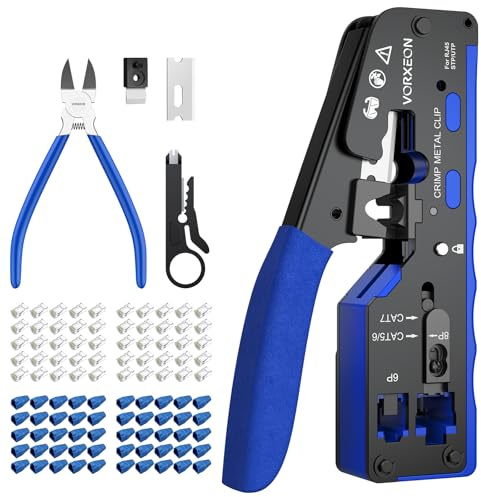 VORXEON Pinza Crimpadora RJ45 para Cat7 Cat6 Cat5 Cat5e Alicates de Terminales RJ45 RJ11 Herramienta para Trabajar con Cables de Red y Telefoníacon 6p8p Conectores Pasantes Cat6 50PCS y Fundas | Cat7 - Juego de crimpadora con 50 conectores RJ45, 50 fundas, cortacables, pelacables y cuchillas de repuesto