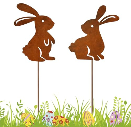 MplehDa Osterhasen Gartenstecker 2er Edelrost Oster Hase Gartenstecker Deko Rost Roststecker Metall Wetterfest Gartendeko Outdoor