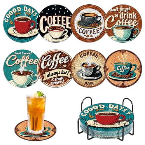 8 Stück Kaffee Diamond Painting Untersetzer, Bunt Basteln Erwachsene, Holz Untersetzer Gläser mit Holder und Werkzeugkasten, DIY Set Dot Painting, Kreativ Set für Erwachsene Kinder