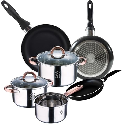 Bateria 5pc acero inoxidable Ø16Ø18Ø20 con 2 tapas de vidrio, y Set 3 sartenes Ø16/20/24 cm, aluminio prensado, negro, set apto para inducción