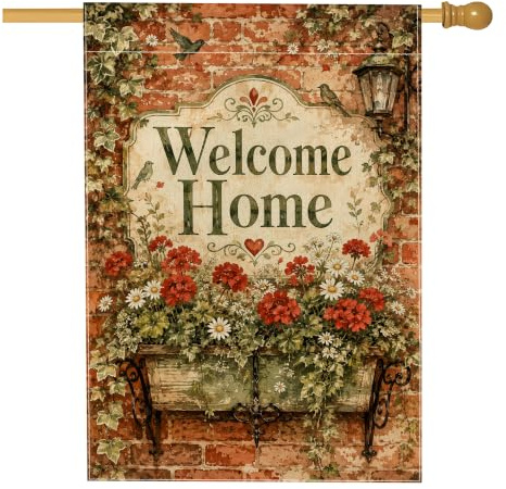 Drapeau de maison en géranium, vintage rustique avec chrysanthème lierre rouge double face en toile de jute pour porche, extérieur, cour, pelouse, patio, porte, entrée, 71,1 x 101,6 cm