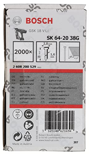 Bosch Professional 2000x Senkkopf-Stift SK64 20G (für Holzleiste, Spanplatte, Gipsfaserplatten, 38 mm, Verzinkt, Zubehör für Nagelpistolen)