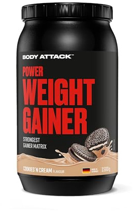 Body Attack Power Weight Gainer - 100% prise de masse, glucides et protein powder pour poids musculation avec whey protéine, idéal pour hardgainers - Mass gainer Cookies n Cream 1500g