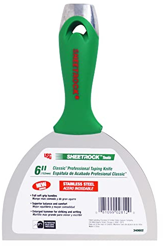 USG Sheetrock Tools 6 Classic Stainless Steel Drywall Joint Knife, Professional Drywall Finishing Knife with Soft Grip Handle, Tapered Neck, Enlarged Hammer End