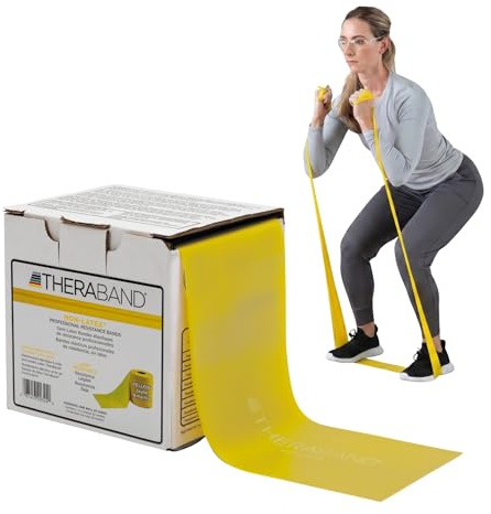 THERABAND Resistance Band 25 Yard Roll, Thin Yellow Non-Latex Professional Elastic Bands For Upper & Lower Body Exercise Workouts, Physical Therapy, Pilates, & Rehab, Dispenser Box, Level 2