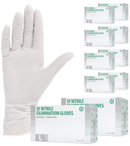 SF Nitrilhandschuhe L Weiß – 1000 Stück Einweghandschuhe, latexfrei | Puderfreie Einmalhandschuhe, Vorratspack mit 10 Boxen à 100 Stück, für Tattoo, Werkstatt, Küche, Reinigung und Haushalt