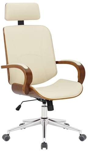 CLP Bürostuhl Dayton mit Kopfstütze, höhenverstellbarer Drehstuhl aus Kunstleder, Wippfunktion belastbar bis 150 kg - Farbe walnuss/Creme