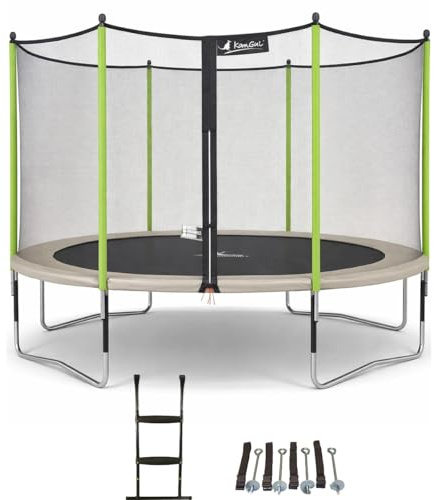 Kangui - Trampoline de Jardin Ø 360 cm JUMPI Zen – Saut Confort et Loisirs – Filet de Sécurité, Échelle & Kit d’Ancrage – Taupe et Vert