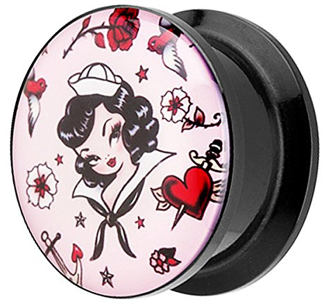 Piersando Ohr Plug Piercing Kunststoff Motiv Comic Picture Flesh Tunnel Ohrplug mit Matrosen Mädchen Maritim Rosa Schwarz 16mm