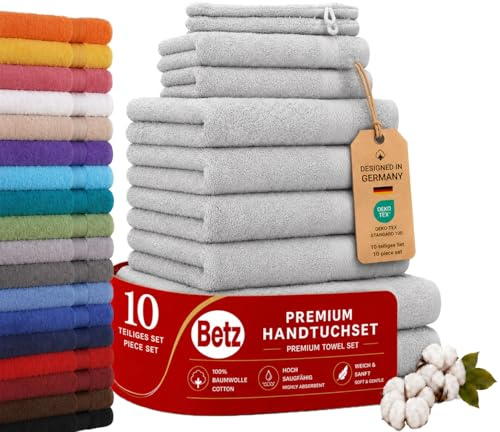 Betz Premium Handtuch-Set mit 10 Teilen – 100% Baumwolle, 4 Handtücher 50 x 100 cm, 2 große Duschtücher 70x140 cm, 2 Gästetücher 30 x 50 cm, 2 Waschhandschuhe, Silber