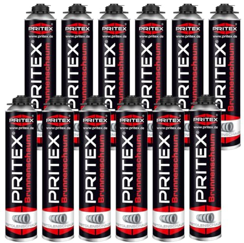 PRITEX – Brunnenschaum 12 x 750 ml zur Montage von Brunnenschachtringen & Rohrelementen – Pistolenschaum mit sehr guter Haftung & hoher Beständigkeit – Bauschaum für Montagepistole