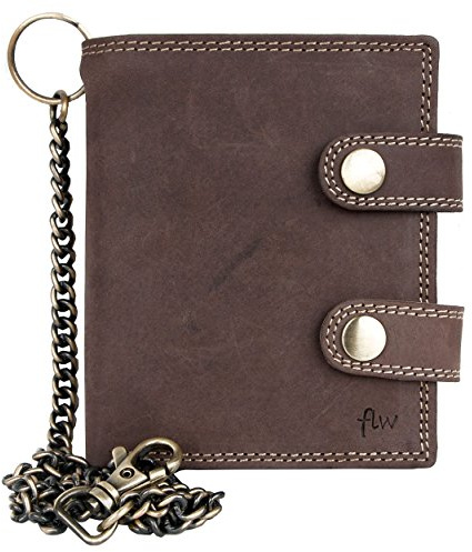 FLW Portafoglio marrone biker in vera pelle naturale con catena in metallo verticale