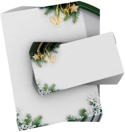 Weihnachtsbriefpapier Set | Tannenzweige | 20 Blatt Motivpapier A4 | 20 Briefumschläge OHNE FENSTER im DIN LANG-Format | Briefpapier Set