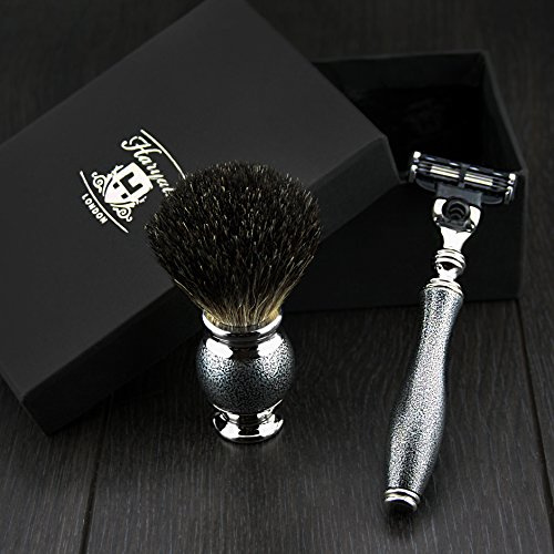 Set da barba Haryali London da uomo con rasoio a 3 taglienti e pennello da barba in tasso nero