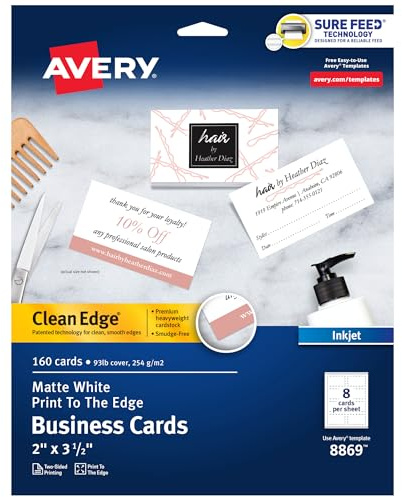 Avery Clean Edge Printable Business Cards with Sure Feed Technology, 2 x 3.5, White, 160 Blank Cards for Inkjet Printers (8869)