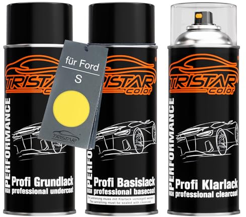 TRISTARcolor Autolack Spraydosen Set für Ford S Bright Yellow/Sonnengelb Grundlack Basislack Klarlack Sprühdose 400ml