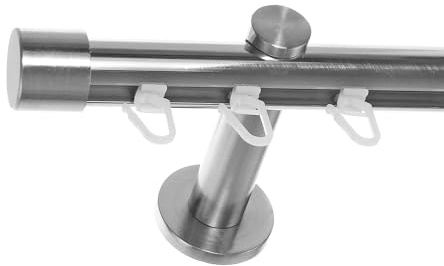BASIT Gardinenstange Innenlauf Edelstahllook 20mm 1-läufig Wand 200cm H30 | Gardinenstangenset einläufig Wandmontage Metall Vorhangstange Wandhalterung 120-600cm wählbar Kappe schlicht E30