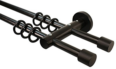 Gardinenstangen 2-läufig 16 mm aus Metall und Holz Schwarz Endstück Kappe, 160 cm