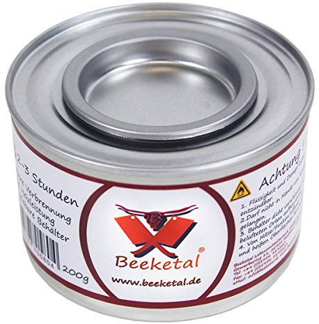 Beeketal Brennpaste - 144 x 200g Sicherheitsbrennpaste Dosen, ca. 2-3 Std. Brenndauer pro Dose, sauber und geruchlos, für z.B. Fondue oder Chafing Dish Speisewärmer - 144er Pack (144 x 200g Dosen)