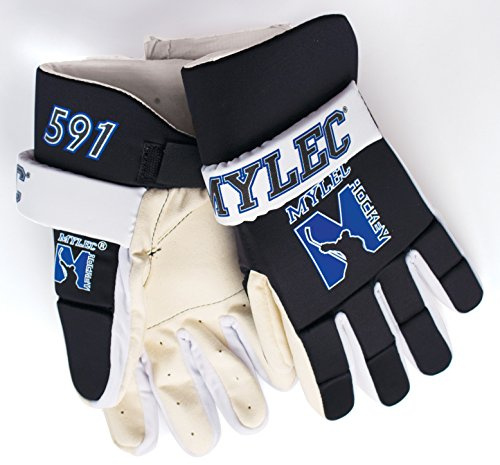 MyLec Youth Hockey Gloves, Adjustable Strap with Perfect Fit, Printed Branding Logo, Hockey Stuff with Tough Leather Palm, Lightweight, Durable & Breathable, Protected with EVA Foam(Small, Black)