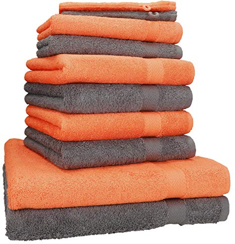 Betz Premium 10er Handtuch-Set - 2X Duschtücher - 4X Handtücher - 2X Gästetücher - 2X Waschhandschuhe - Farbe Orange & Anthrazit