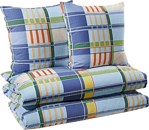 Erwin Müller Bettwäsche, Bettgarnitur 4-TLG. Sparpaket Seersucker karo bleu Größe 80x80 cm / 135x200 cm - bügelfrei, mit Reißverschluss