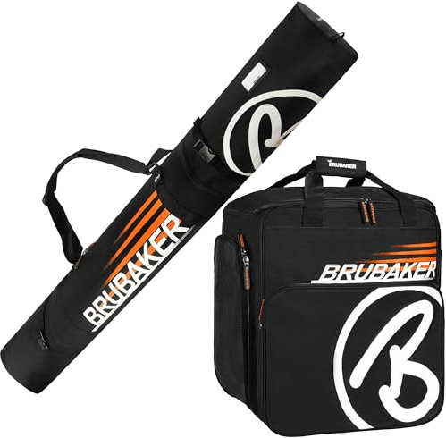 BRUBAKER Kombi Set Champion Skisack und Skischuhtasche für 1 Paar Ski bis 170 cm + Stöcke + Schuhe + Helm Schwarz Orange