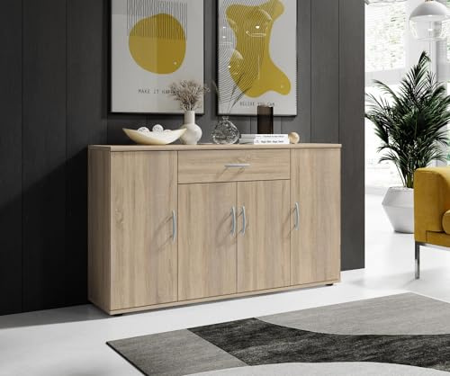 Bega Sideboard Kommode Anrichte Mehrzweckschrank Highboard Schrank Lilly 13 Varianten mit 4 Türen, 1 Schubkasten und 3 Regalböden, 117 cm breit (Eiche Sonoma)