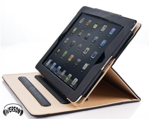 SALE! Iverson® black & tan iPad 4 leather wallet cover case compatible with iPad 2 and iPad 3 with free screen protector and cleaning cloth.